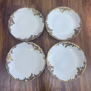 Set of 4 Walbrzych Poland Porcelain Plates White Raised Gold Scroll Rococo Trim